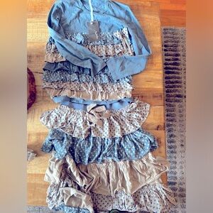 Juste Cle European girls 2 piece skirt set NEW NWT blue cream ruffles polka dot